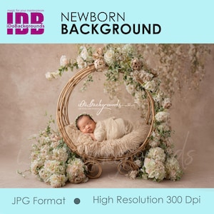 May include: Newborn photography background featuring a sleeping baby in a decorative, circular bed. The bed is adorned with flowers and rests on small wheels. The background is a soft, neutral color, with the text "NEWBORN BACKGROUND" at the top.