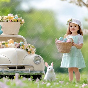 May include: A young girl wearing a white hat and a light blue dress holds a basket of colourful Easter eggs. Two white rabbits are in the grass in front of her. A vintage white car with a basket of Easter eggs on the roof is in the background.