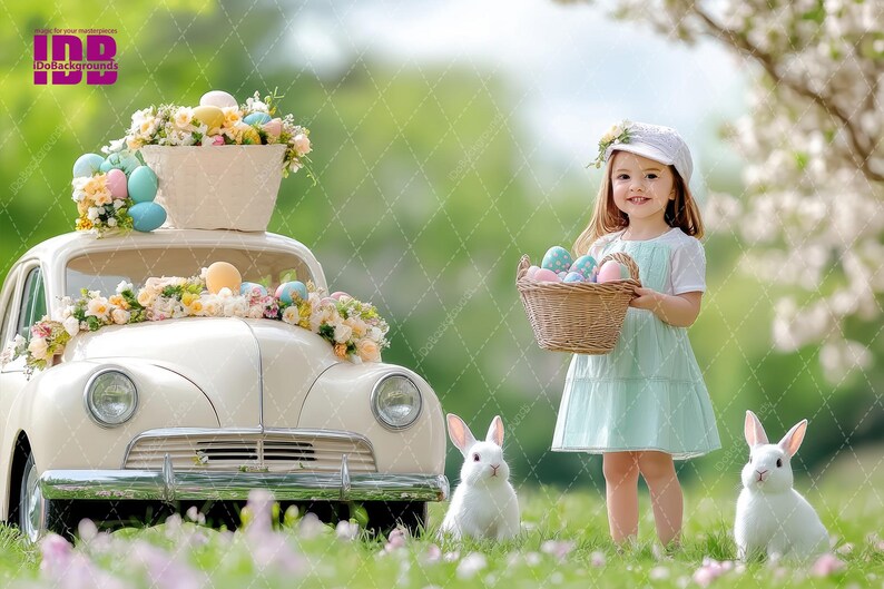 May include: A young girl wearing a white hat and a light blue dress holds a basket of colourful Easter eggs. Two white rabbits are in the grass in front of her. A vintage white car with a basket of Easter eggs on the roof is in the background.