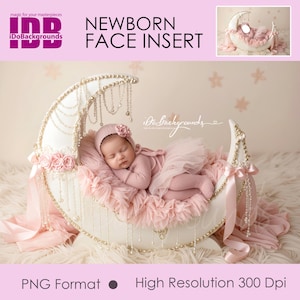 Könnte beinhalten: Ein schlafendes Neugeborenes in rosa Kleidung und Mütze liegt in einer mondförmigen Requisite. Die weiße Requisite hat goldene Details und Perlenverzierungen. Der Text "NEWBORN FACE INSERT" ist ebenfalls enthalten.