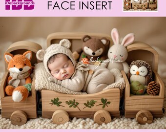 Newborn Digital Background, Woodland Train Forest Animals Toy Prop, Fox Bear Bunny Owl, Cute Baby Face Insert backdrop, Digital Overlay PNG