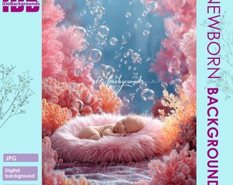 Newborn digital backdrop, Underwater Fantasy, Pink Coral & Bubble Baby Photography Composite digital background
