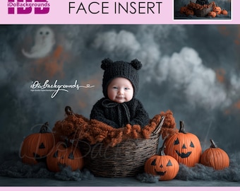Halloween Newborn Photography Digital Backdrop, Spooky Pumpkin basket background, Face Insert PNG (Digital Download)