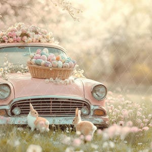 May include: A vintage pink car with a basket of colorful Easter eggs on the hood, surrounded by a field of pink and white flowers. Two white bunnies are in the foreground.