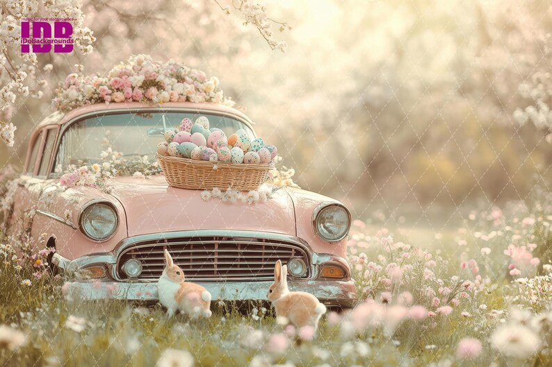 May include: A vintage pink car with a basket of colorful Easter eggs on the hood, surrounded by a field of pink and white flowers. Two white bunnies are in the foreground.