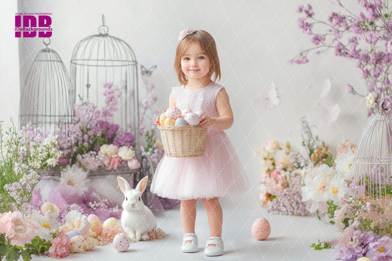 May include: A young girl in a pink tulle dress holds a basket of colorful Easter eggs. She is standing in front of a backdrop of flowers and cages.