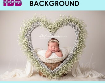Floral Heart Newborn Digital Backdrop: Wicker Basket, Romantic Photography background for boy and girl