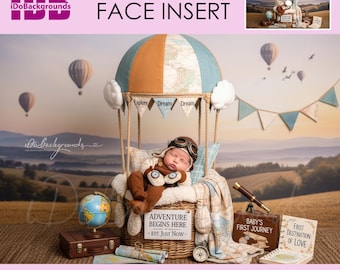 Hot Air Balloon Newborn Photography Digital Backdrop: Travel Adventure (PNG Face Insert File)