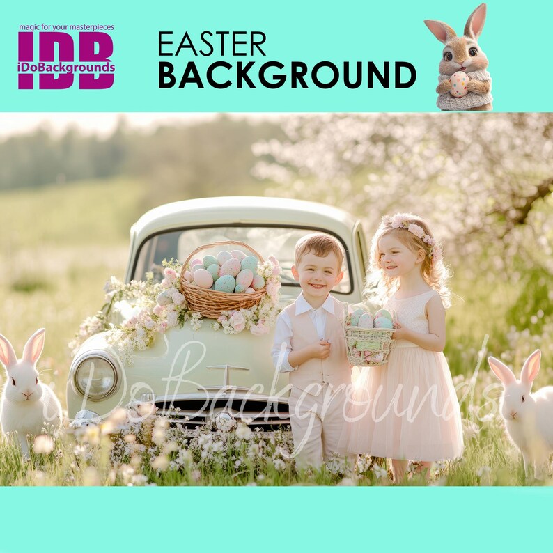 Easter digital backdrop, Easter Background, portrait kid and bunny with car photography background, Spring Easter eggs Photoshop Composite