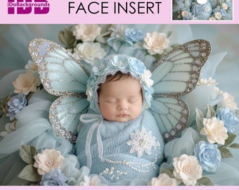 Blue Butterfly Wing Newborn Digital Backdrop, Face Insert PNG, Floral Crown, Background baby girl