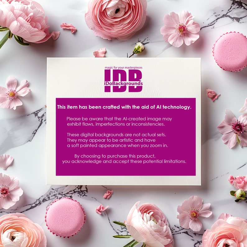 Puede incluir: Una tarjeta blanca con texto rosa que dice "Este art&iacute;culo ha sido elaborado con la ayuda de la tecnolog&iacute;a de IA." La tarjeta est&aacute; rodeada de flores rosas y macarons sobre un fondo de m&aacute;rmol blanco.