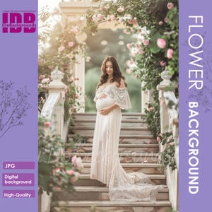 Pink Floral Spring backdrop for Maternity and Portrait photography background, flowers Photoshop Composite, maternity Studio Digital