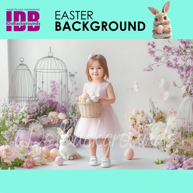 Easter digital backdrop, Easter Background, portrait kid and flowers birdcage photography background, Spring Easter eggs Photoshop Composite