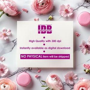 Puede incluir: Una tarjeta blanca con el texto "magic for your masterpieces iDoBackgrounds High Quality with 300 dpi Instantly available as digital download NO PHYSICAL item will be shipped" sobre una superficie de m&aacute;rmol con flores rosas y macarons.