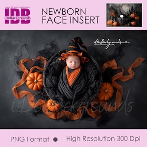 Puede incluir: Un bebé recién nacido envuelto en tela negra y naranja, con un sombrero de bruja, en una cesta decorativa. La imagen incluye pequeñas calabazas y cintas naranjas, con el texto "NEWBORN FACE INSERT" y "PNG Format High Resolution 300 Dpi".