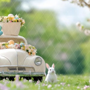 May include: A white vintage car decorated with pastel Easter eggs and flowers, with two white bunnies sitting in the grass in front of it.