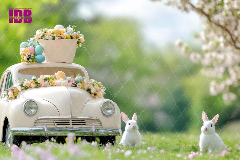 May include: A white vintage car decorated with pastel Easter eggs and flowers, with two white bunnies sitting in the grass in front of it.