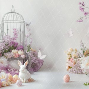 May include: A white bunny rabbit sits in front of two birdcages decorated with purple and pink flowers.  The background is a light gray with a subtle pattern.  There are several pastel colored Easter eggs scattered around the bunny.