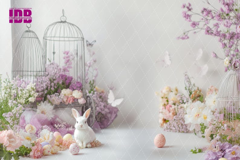 May include: A white bunny rabbit sits in front of two birdcages decorated with purple and pink flowers.  The background is a light gray with a subtle pattern.  There are several pastel colored Easter eggs scattered around the bunny.