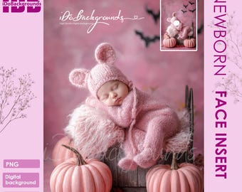 Pink Halloween Newborn Face insert for Photography Digital Backdrop: Pumpkins & Bats