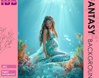Fantasy Mermaid Maternity Digital Backdrop Underwater with Coral and Light Rays, whimsical photography Background