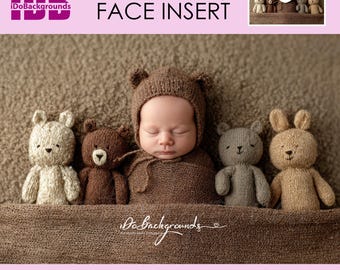 Newborn Bear Doll Digital Backdrop, Face Insert (PNG)