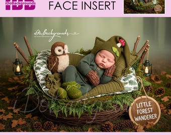 Woodland Newborn Face Insert Backdrop, Woodland Baby Photography Background with Owl & Rustic Props
