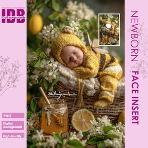 May include: A newborn baby wearing a yellow and brown bee-themed outfit, including a hat with antennae, is nestled in a woven basket. The image includes a jar of honey, a lemon slice, and white flowers, with the text "NEWBORN FACE INSERT".