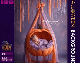 Halloween Newborn Digital Backdrop: Pumpkin Swing, Purple & Orange Drapes. Background for boy and girl