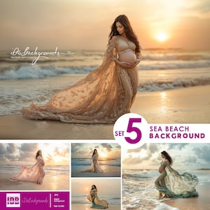 May include: A woman in a flowing, beige lace gown stands on a beach at sunset, holding her pregnant belly. The image is part of a set of five sea beach backgrounds, as indicated by the text in the lower right corner.