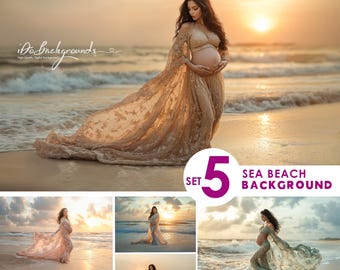Beach Photography Backdrop: ocean sunset waves Maternity Portrait Background set, nature sea beach background