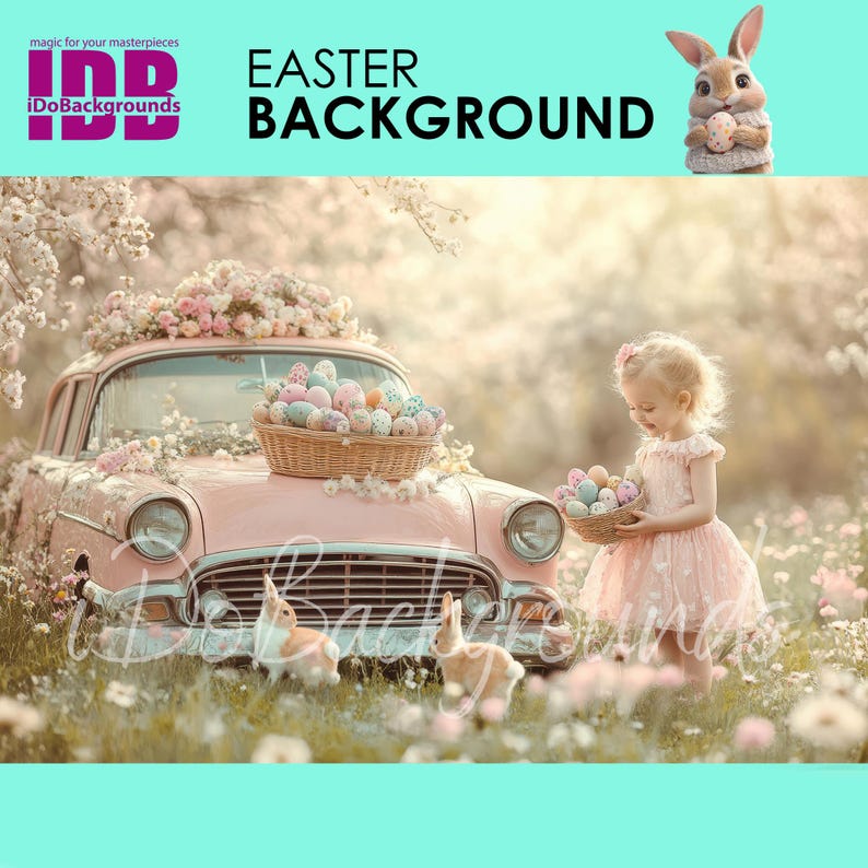 Easter digital backdrop, Easter Background, portrait kid and bunny with car photography background, Spring Easter eggs Photoshop Composite