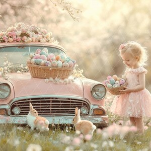 May include: A young girl in a pink dress holds a basket of colorful Easter eggs in front of a vintage pink car decorated with flowers. Two white rabbits are in the grass.