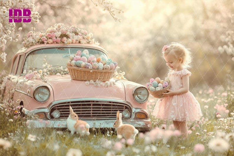 May include: A young girl in a pink dress holds a basket of colorful Easter eggs in front of a vintage pink car decorated with flowers. Two white rabbits are in the grass.