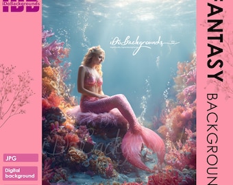Fantasy Mermaid Maternity Digital Backdrop Underwater with Coral and Light Rays, whimsical photography Background