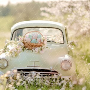 May include: A vintage white car with a basket of pastel Easter eggs on the hood, surrounded by white flowers and green grass. Two white bunnies are in the foreground.