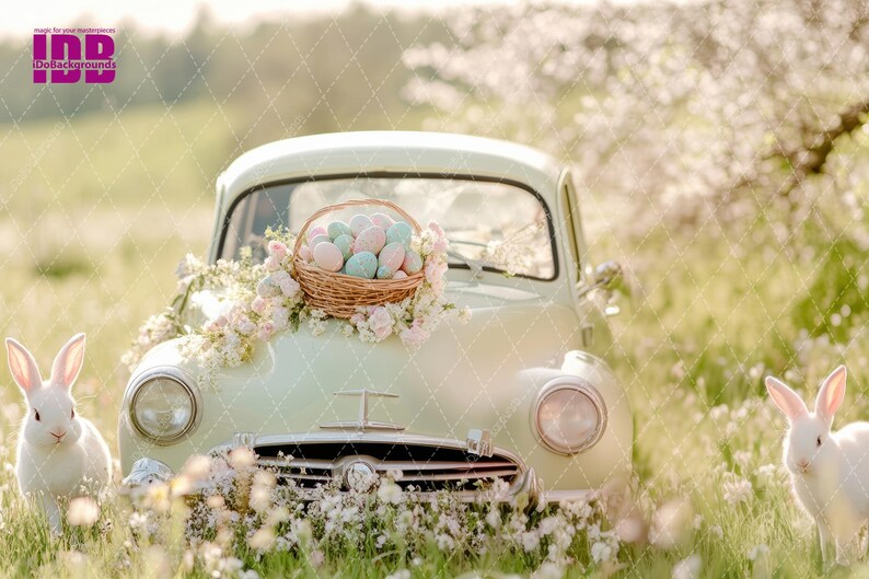 May include: A vintage white car with a basket of pastel Easter eggs on the hood, surrounded by white flowers and green grass. Two white bunnies are in the foreground.