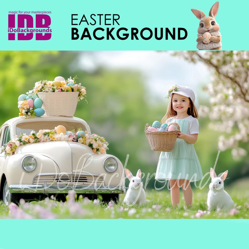 Easter digital backdrop, Easter Background, portrait kid and bunny with car photography background, Spring Easter eggs Photoshop Composite