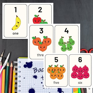 Carte di conteggio fruttate, Flashcard di conteggio, Schede flash di numeri, Set di numeri prescolari, Carte numeriche educative, Prescolare, PDF elementare