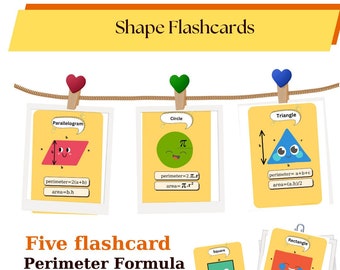 Vorm-flashcards, 2D-flashcards, educatieve vormen-flashcards, vormenherkenning, formule-flashkaarten voor het perimetergebied lMontessori PDF