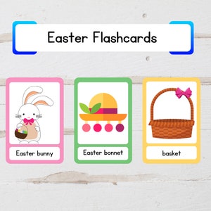 Cartões coloridos de vocabulário de Páscoa, cartões flash de Páscoa, criança Montessori, recursos visuais pré-escolares, ensino em casa para impressão, aprendizagem em sala de aula