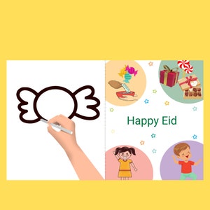 Cartão postal feliz eid, cartão eid para crianças, cartão eid imprimível, digital, cartão eid diy, crianças do ensino fundamental e pré-escolar, aprendizagem pré-escolar