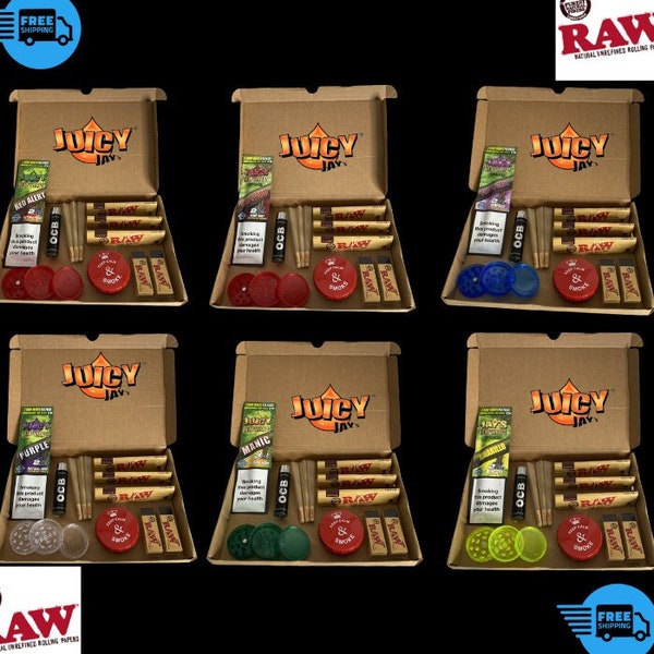Smoking care package-Raw rolling papers & tips, Stash tin, blunt grinder lighter