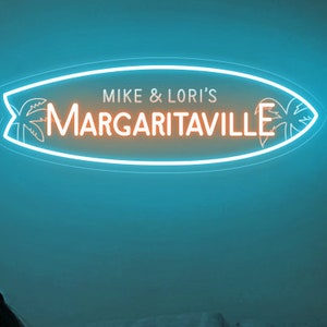 Tropical Margarita Surfboard Neon Sign,Welcome Tiki Bar Margaritaville Sign Front Porch,Palm Tree Surfboard Deco,Custom Surfboard Name Sign