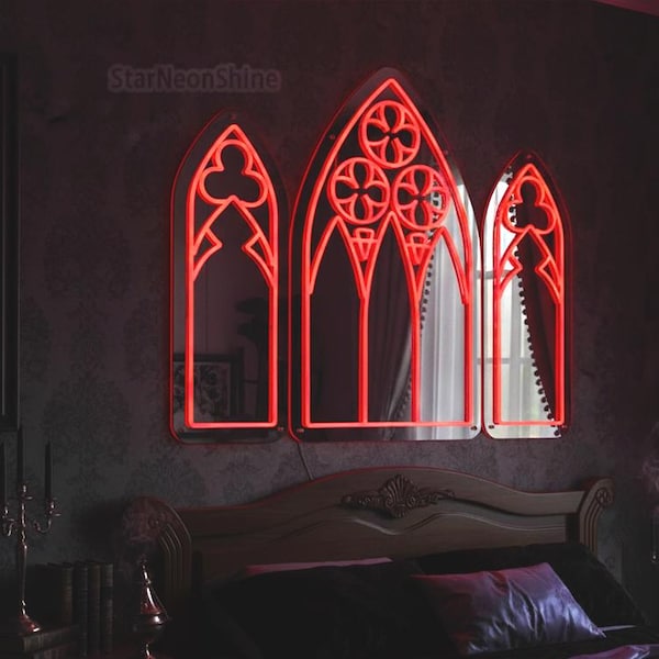 Gothic Mirror Neon Sign: Cathedral Arch Window, Goth Decor, Christmas Gift