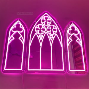 Letreiro de néon de espelho gótico, janela de arco gótico, presente para amantes góticos, espelhos medievais góticos de néon, janela de arco de catedral gótica, presentes de letreiro de Natal