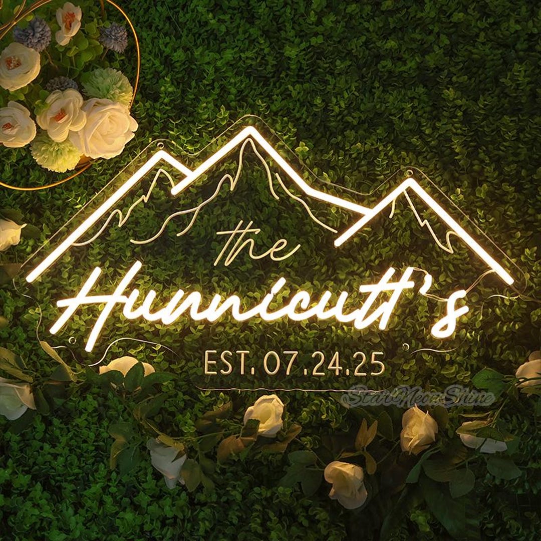 Custom Mountain Wedding Neon Sign: Couple Names & Date