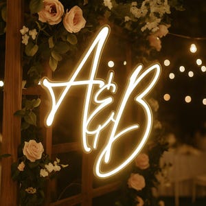 May include: A neon sign in a cursive font displays the letters "A&B". The sign is surrounded by a wooden structure and decorated with light-coloured roses and greenery, creating a romantic atmosphere. Soft lights are visible in the background.