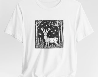 Camiseta unisex Deer Silhouette: capture la belleza de la vida silvestre con esta artística camisa con estampado linograbado en blanco y negro.