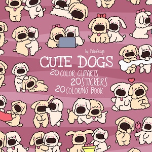 Kawaii Dog Clipart - Cute Fluffy Puppy Couple Stickers, Vector Cartoon Digital Download for Sublimation, Scrapbooking and Crafts